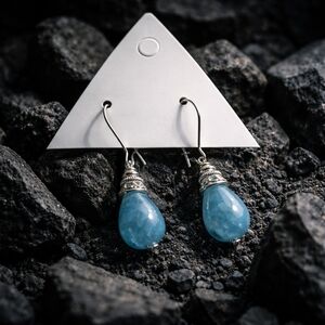 Handmade Blue Teardrop Earrings – Silver Tone Wire Wrapped Jewelry